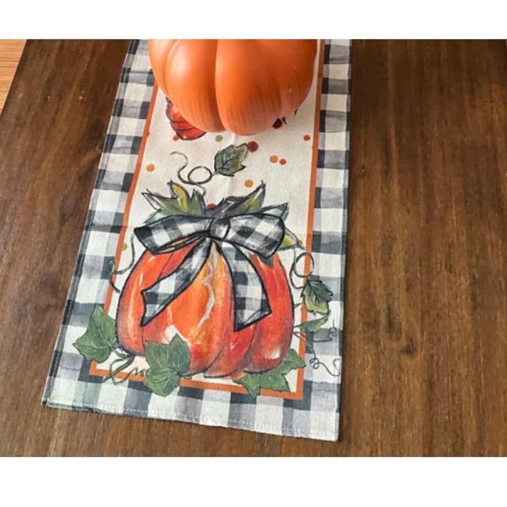 Pumpkin Table Runner Plaid Decorative Cloth Fall Thanksgiving Decor Orange 13x60
